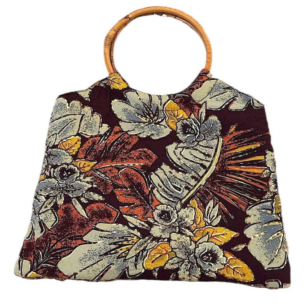 Kisses & Hugs USA Quilted Satin Floral Beaded Bamboo Handle Tote Purse